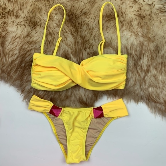 6 Shore Road Yellow Bikini Pink Embroidered Swim S Swimsuit Resort Summer Bright - Picture 1 of 6